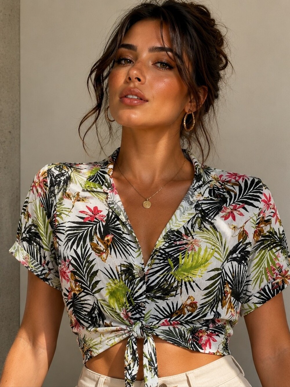 Potter’s Pot Tropical Palm Print Tie Front Crop Top